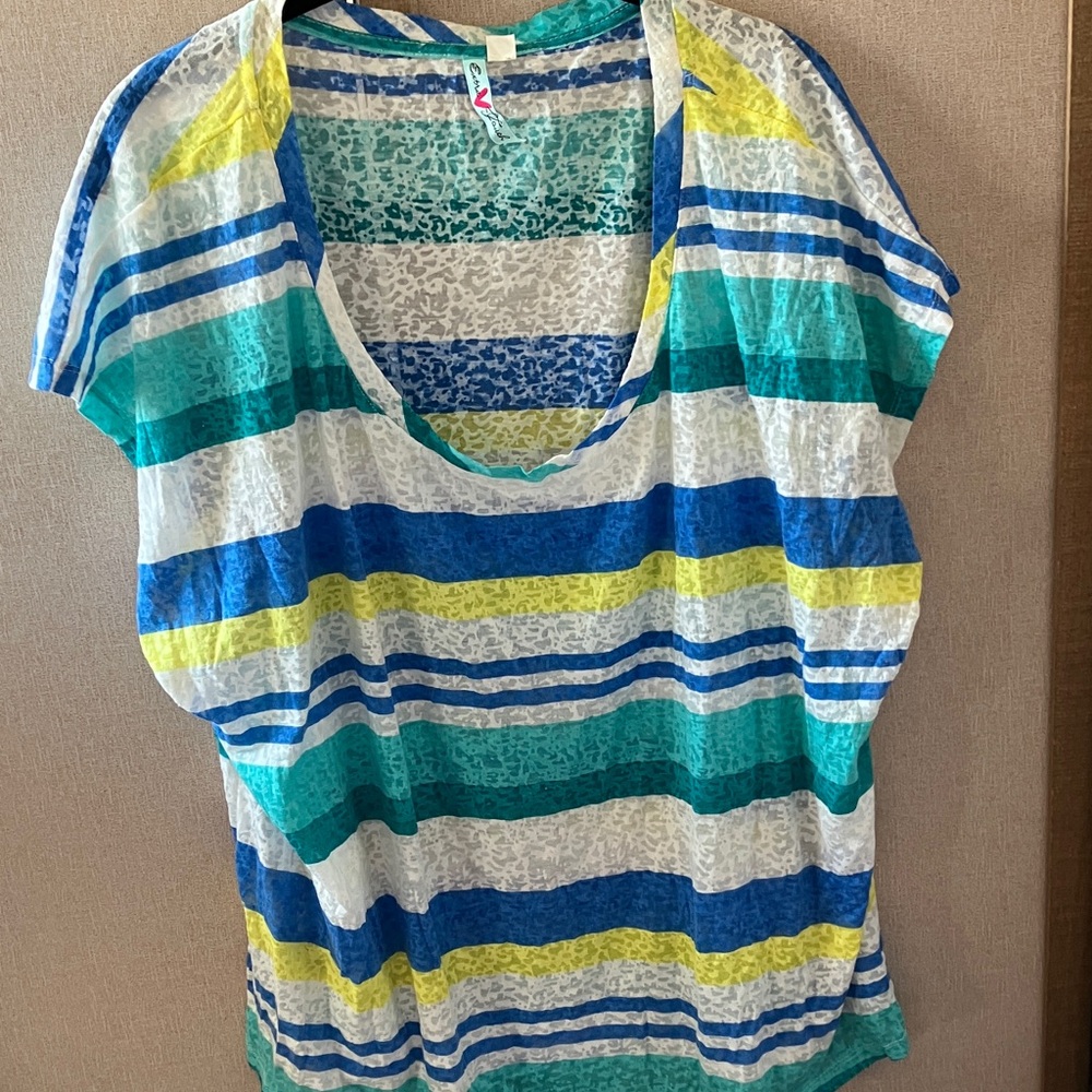 Extra Touch Blue and Yellow Striped Short Sleeve burn out Top 3x